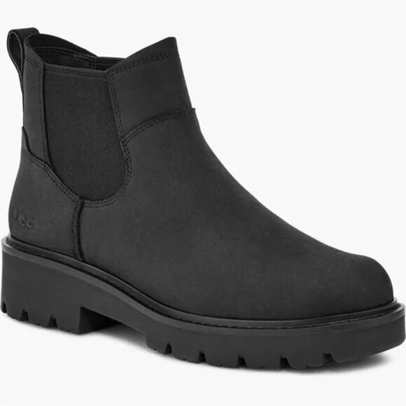 UGG Loxley Boot New $140 Pull-on Chelsea Leather Boot Lug Sole Black Size 8.5 - Picture 1 of 12
